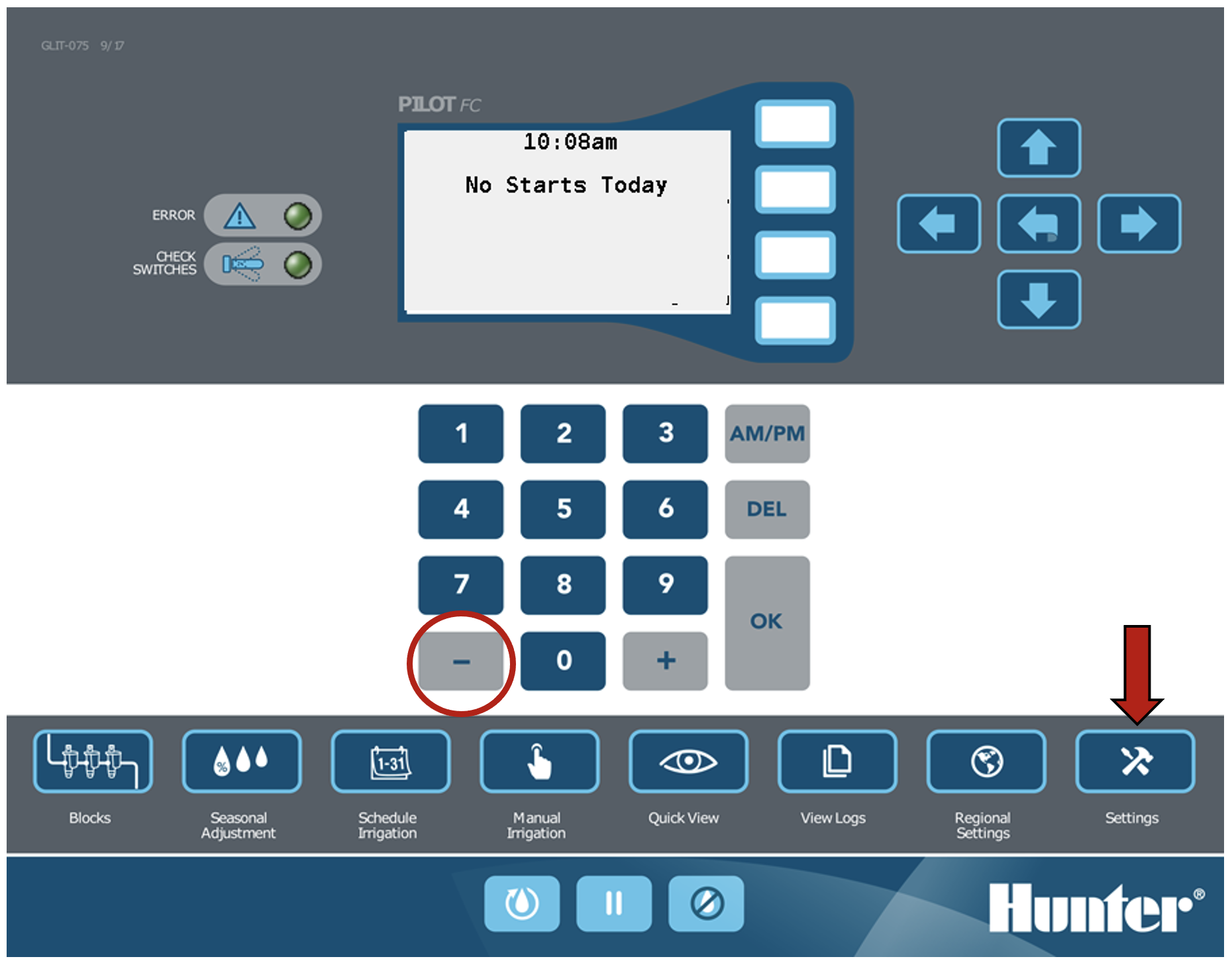 Image of the facepack, highlighting the Settings button and the minus button.