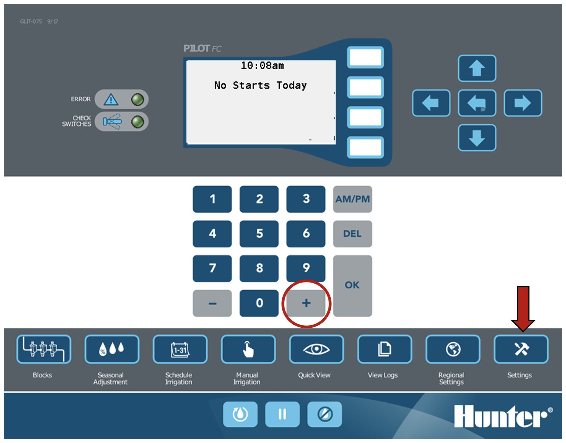 Image of the facepack highlighting the Settings button and the plus button.